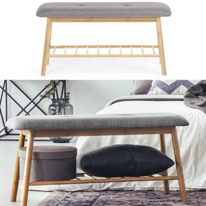 Banc bambou tissu gris style scandinave