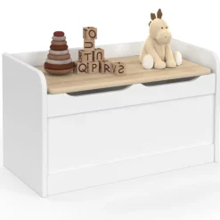 Banc coffre de rangement enfant 60 cm en bois blanc et hêtre