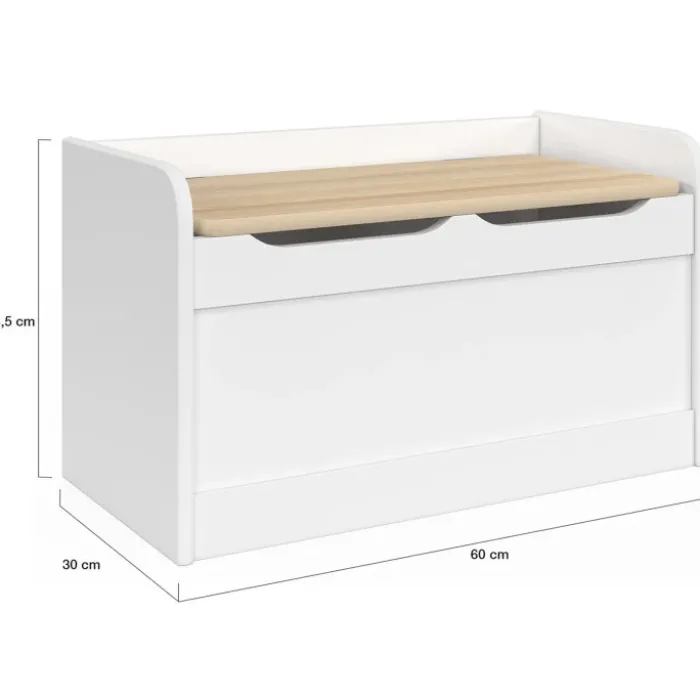Banc coffre de rangement enfant 60 cm en bois blanc et hêtre