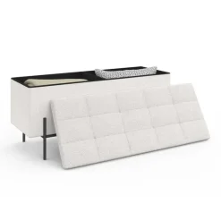 Banc coffre rangement pieds métal noir 100 cm tissu bouclette blanc