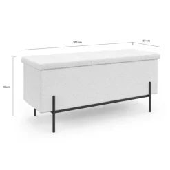 Banc coffre rangement pieds métal noir 100 cm tissu bouclette blanc