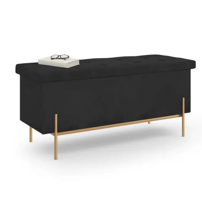 Banc de rangement velours noir avec pieds métal doré 100 cm