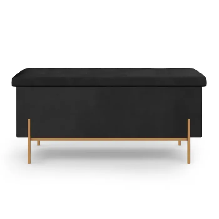 Banc de rangement velours noir avec pieds métal doré 100 cm