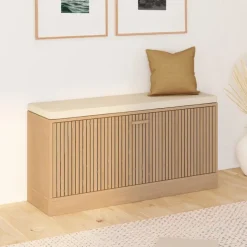 Banc d'entrée chaussures lattes tasseau bois coloris chêne