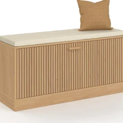 Banc d'entrée chaussures lattes tasseau bois coloris chêne