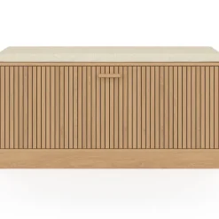 Banc d'entrée chaussures lattes tasseau bois coloris chêne