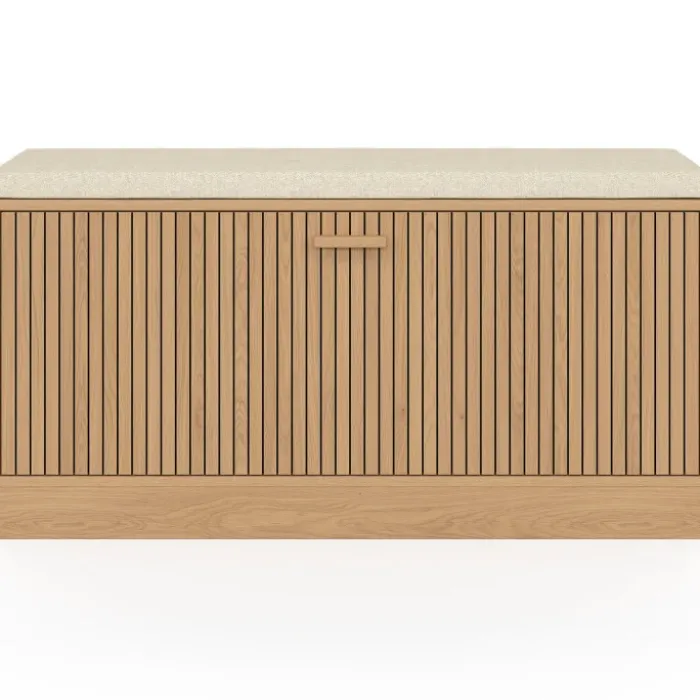 Banc d'entrée chaussures lattes tasseau bois coloris chêne