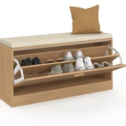 Banc d'entrée chaussures lattes tasseau bois coloris chêne