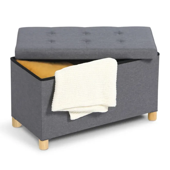 Banquette rangement tissu gris anthracite en lin