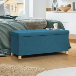 Banquette rangement tissu bleu canard en lin