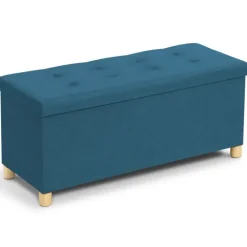 Banquette rangement tissu bleu canard en lin
