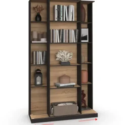 Bibliothèque coulissante 5 niveaux 15 niches bois et noir