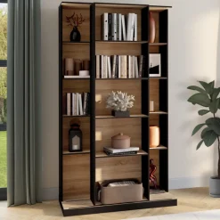 Bibliothèque coulissante 5 niveaux 15 niches bois et noir