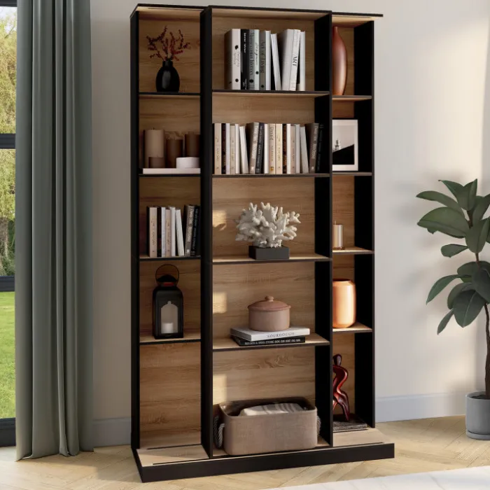 Bibliothèque coulissante 5 niveaux 15 niches bois et noir