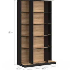 Bibliothèque coulissante 5 niveaux 15 niches bois et noir
