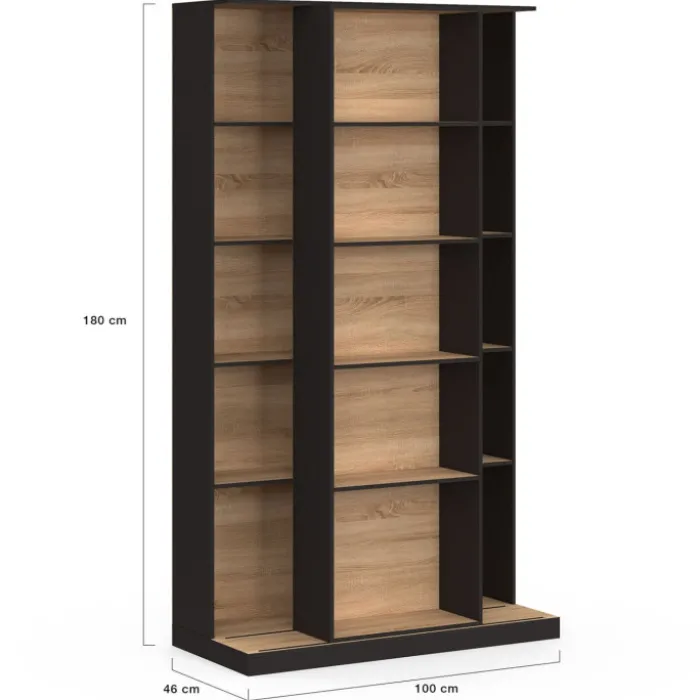 Bibliothèque coulissante 5 niveaux 15 niches bois et noir