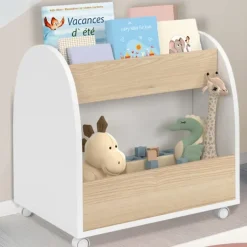 Bibliothèque enfant sur roulettes hêtre et blanc