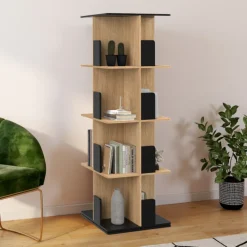 Bibliothèque rotative 4 niveaux noir et effet bois