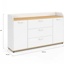 Buffet 140 cm 4 portes avec rebord blanc et plateau bois façon hêtre