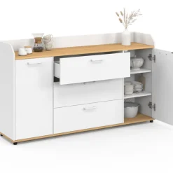 Buffet 140 cm 4 portes avec rebord blanc et plateau bois façon hêtre