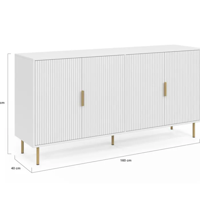 Buffet 160 cm 4 portes blanc effet lattes et finitions dorées