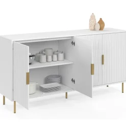 Buffet 160 cm 4 portes blanc effet lattes et finitions dorées