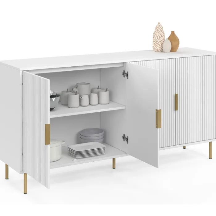 Buffet 160 cm 4 portes blanc effet lattes et finitions dorées