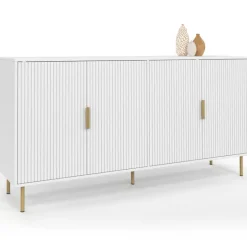 Buffet 160 cm 4 portes blanc effet lattes et finitions dorées