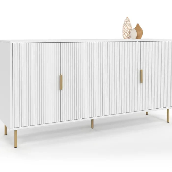 Buffet 160 cm 4 portes blanc effet lattes et finitions dorées