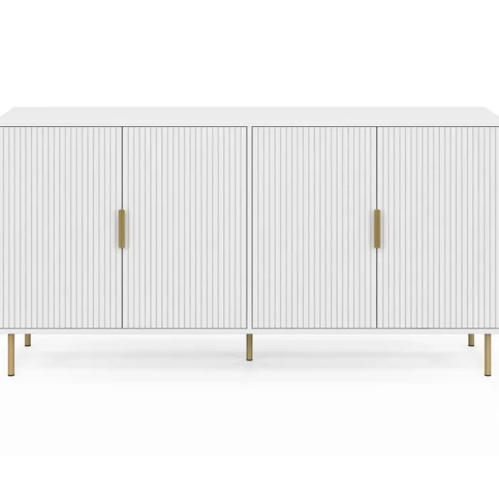 Buffet 160 cm 4 portes blanc effet lattes et finitions dorées