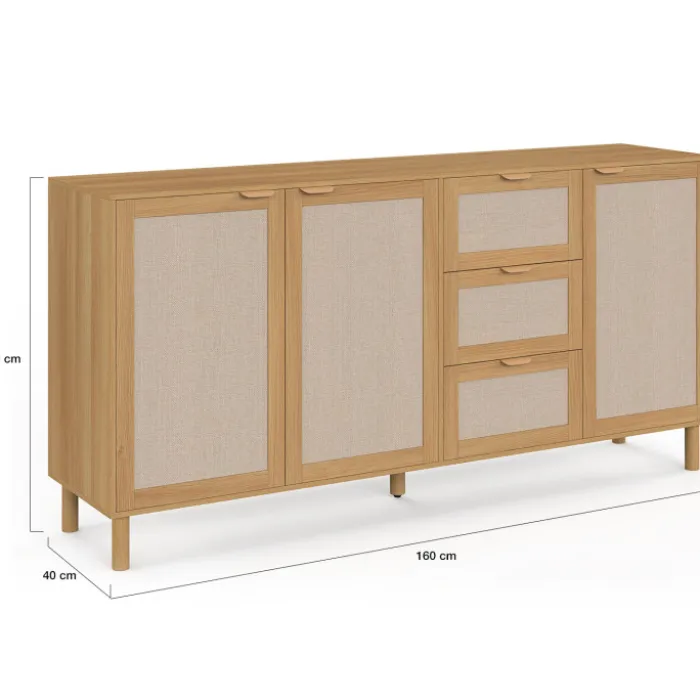 Buffet 160 cm 4 portes bois et effet lin