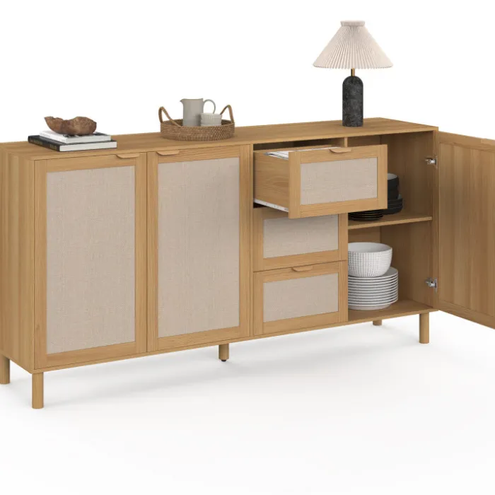 Buffet 160 cm 4 portes bois et effet lin