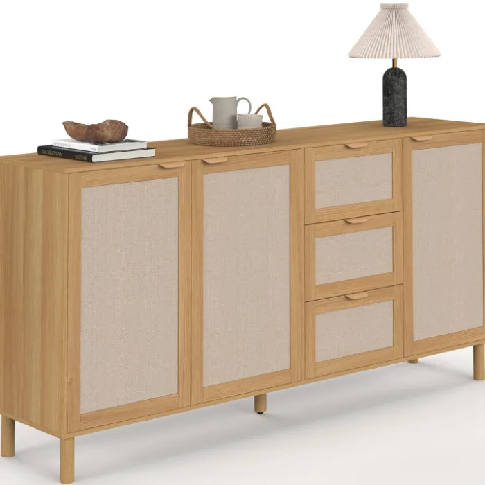 Buffet 160 cm 4 portes bois et effet lin