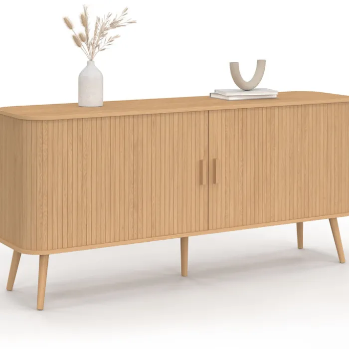 Buffet 160 cm 2 portes coulissantes lattes tasseau bois coloris chêne