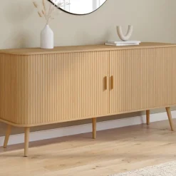 Buffet 160 cm 2 portes coulissantes lattes tasseau bois coloris chêne