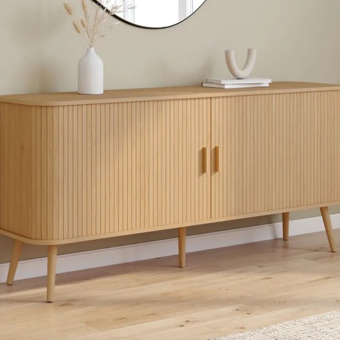 Buffet 160 cm 2 portes coulissantes lattes tasseau bois coloris chêne