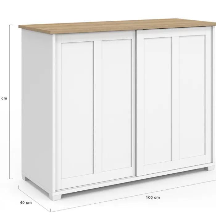 Buffet 100 cm 2 portes coulissantes blanc plateau façon bois