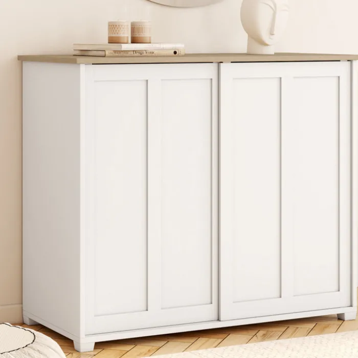 Buffet 100 cm 2 portes coulissantes blanc plateau façon bois