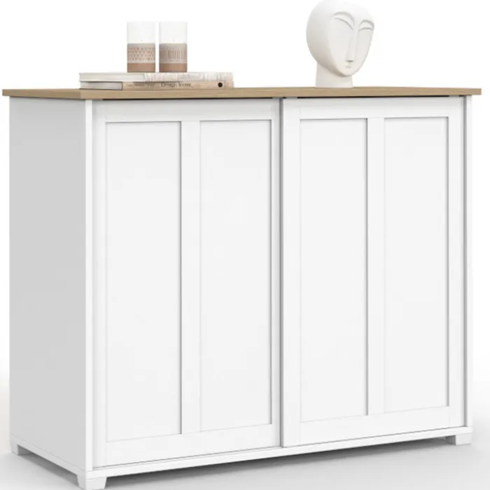 Buffet 100 cm 2 portes coulissantes blanc plateau façon bois