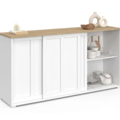 Buffet 160 cm 3 portes coulissantes blanc et plateau bois