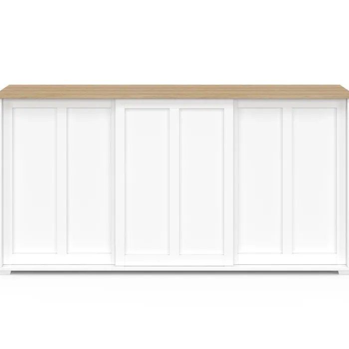 Buffet 160 cm 3 portes coulissantes blanc et plateau bois