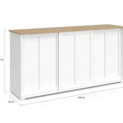 Buffet 160 cm 3 portes coulissantes blanc et plateau bois