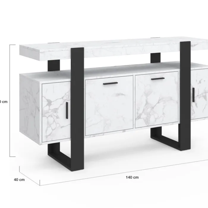 Buffet 140 cm 4 portes effet marbre blanc et noir