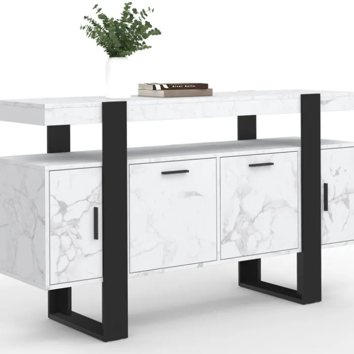 Buffet 140 cm 4 portes effet marbre blanc et noir