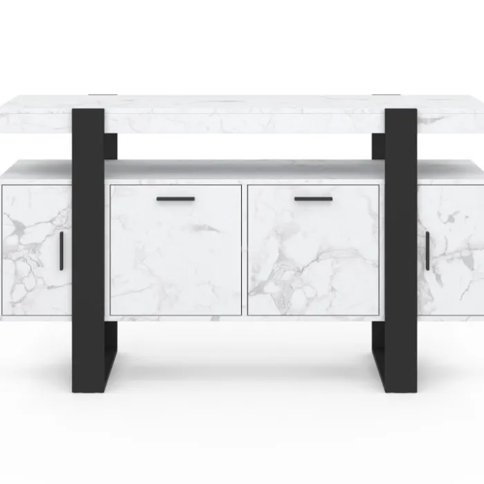 Buffet 140 cm 4 portes effet marbre blanc et noir