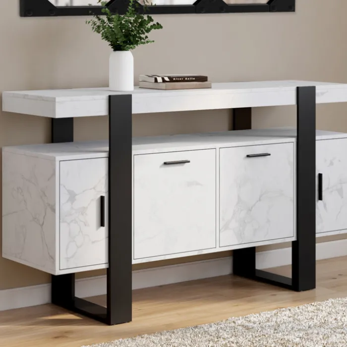 Buffet 140 cm 4 portes effet marbre blanc et noir