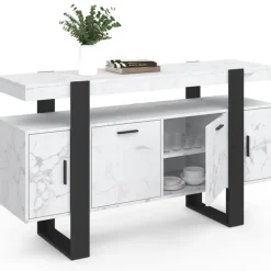 Buffet 140 cm 4 portes effet marbre blanc et noir