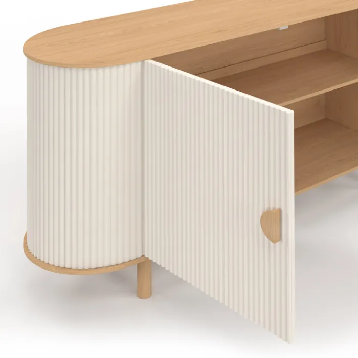 Buffet 140 cm 2 portes effet cannelé beige et bois