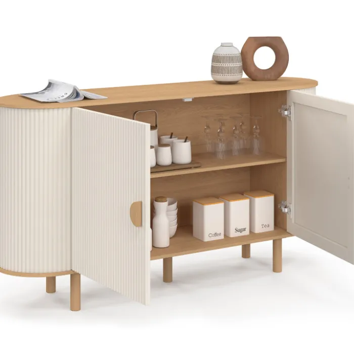 Buffet 140 cm 2 portes effet cannelé beige et bois