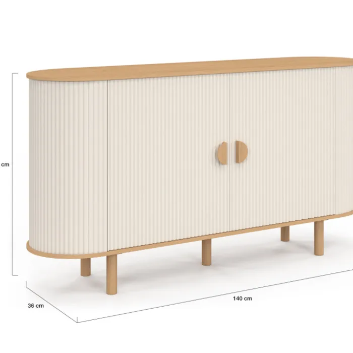 Buffet 140 cm 2 portes effet cannelé beige et bois
